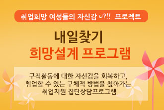 취업희망 여성들의 자신감 UP 프로젝트 내일찾기 희망설계 프로그램 구직활동에 대한 자신감을 회복하고, 취업할 수 있는 구체적 방법을 찾아가는 취업지원 집단상담프로그램